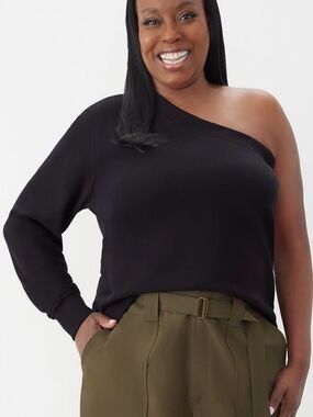 GSTQ One Shoulder Black Top Organic Cotton French Terry Asymmetrical NWT Size L